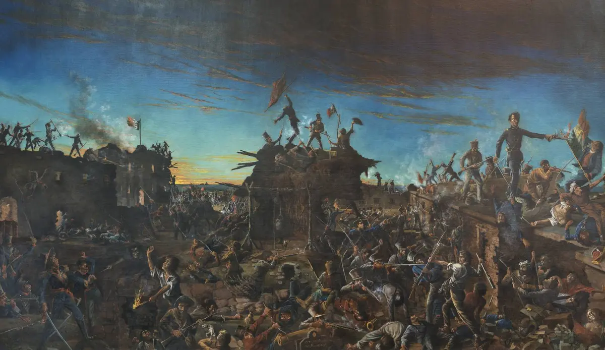 Dawn at the Alamo: Travis stands on the north wall battery as the columns come over (Henry Arthur McArdle, 1905, Texas Senate Chamber).
