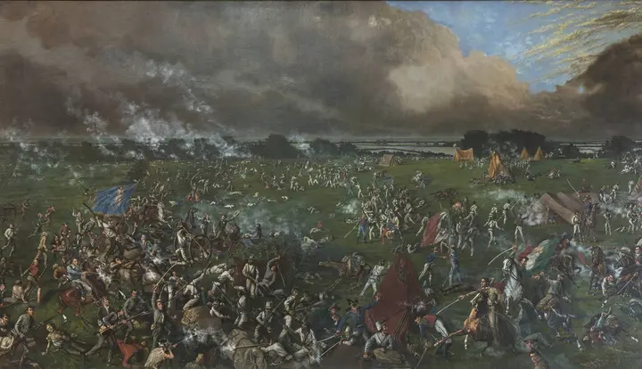 The Battle of San Jacinto: Houston’s army overruns Santa Anna’s camp on 21 April 1836, the 18 minutes that won Texas (Henry Arthur McArdle, 1895).