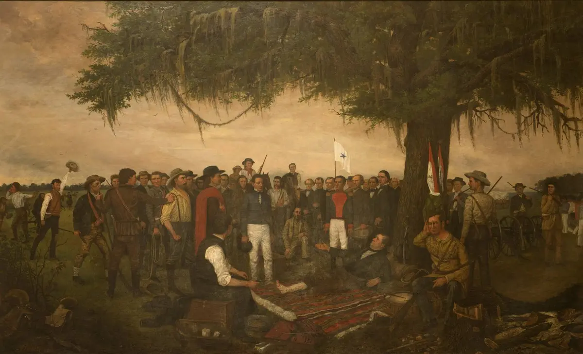 Surrender of Santa Anna: the captured general is brought before the wounded Sam Houston under an oak at San Jacinto, 22 April 1836 (William Henry Huddle, 1886).