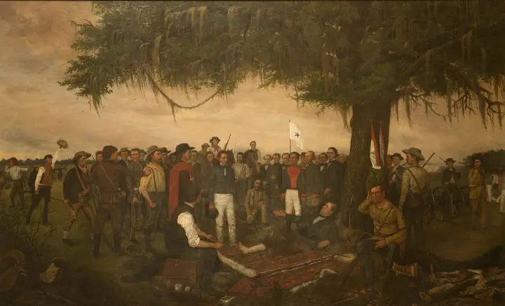 Surrender of Santa Anna: the captured general is brought before the wounded Sam Houston under an oak at San Jacinto, 22 April 1836 (William Henry Huddle, 1886).
