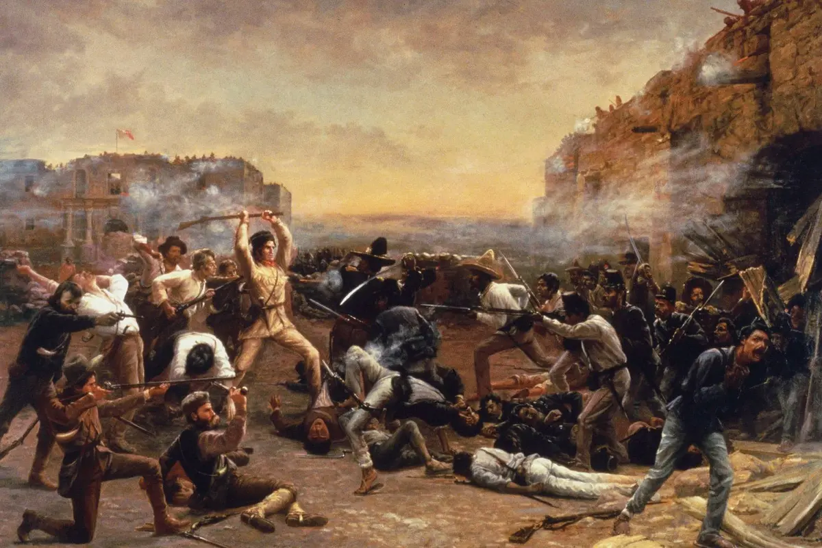 The Fall of the Alamo: David Crockett swings his rifle as the Mexican assault breaks over the walls on 6 March 1836 (Robert Jenkins Onderdonk, c. 1903).