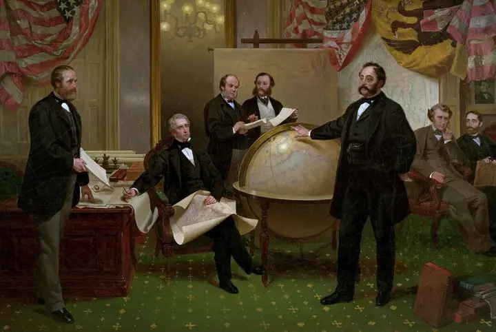 Signing of the Alaska Treaty (Emanuel Leutze, 1867). Seward sits pen in hand as Stoeckl reaches across the globe; Sumner sits at right.
