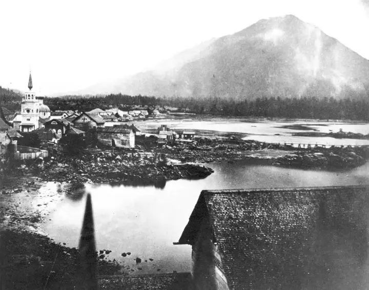 Sitka from the governor’s garden in 1868, the year after the transfer. St. Michael’s Cathedral stands at left.