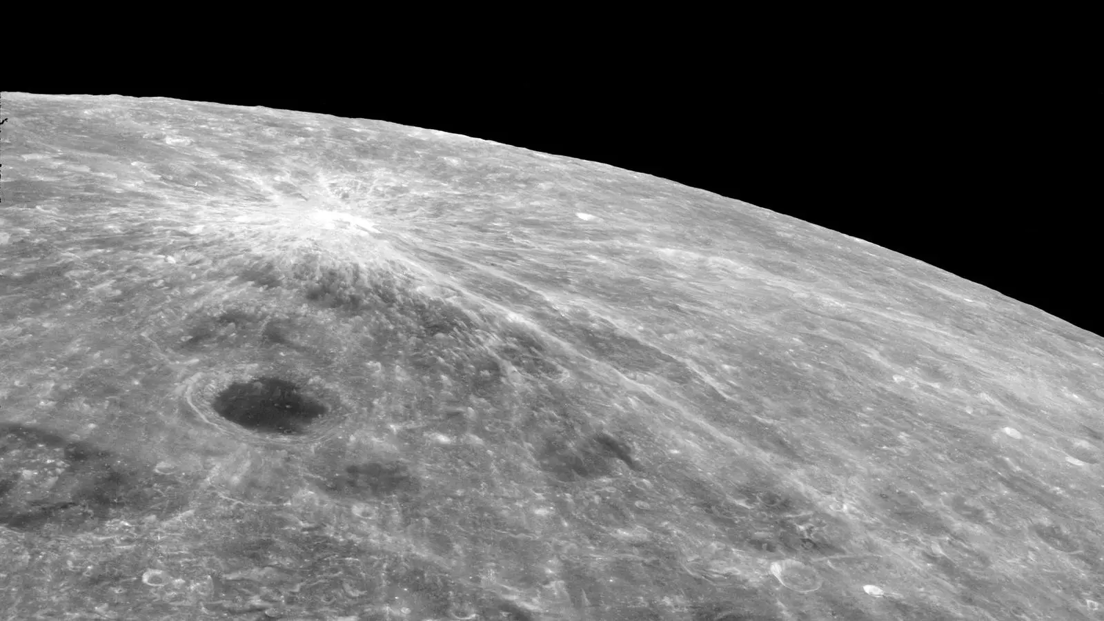 The far side of the Moon, never seen by human eyes before Apollo 8, near the crater Joliot-Curie (AS08-12-2209)