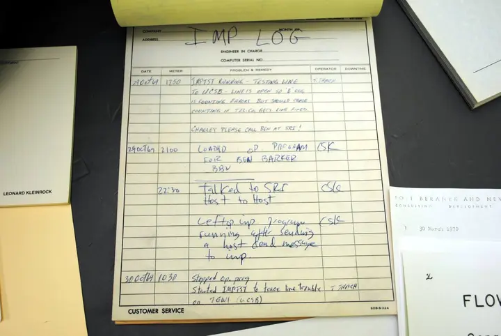 UCLA’s IMP log for 29 October 1969: at 22:30 Charley Kline wrote “Talked to SRI Host to Host”