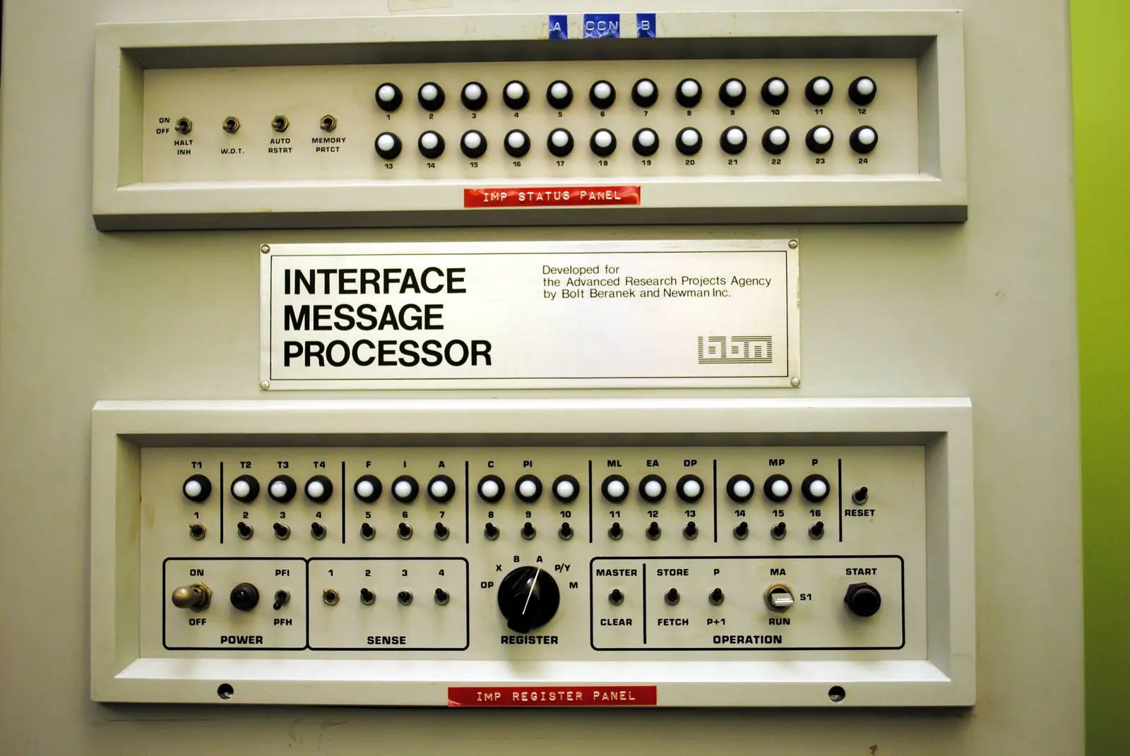 Front panel of IMP No. 1, the first node of the ARPANET, back in room 3420 of UCLA’s Boelter Hall