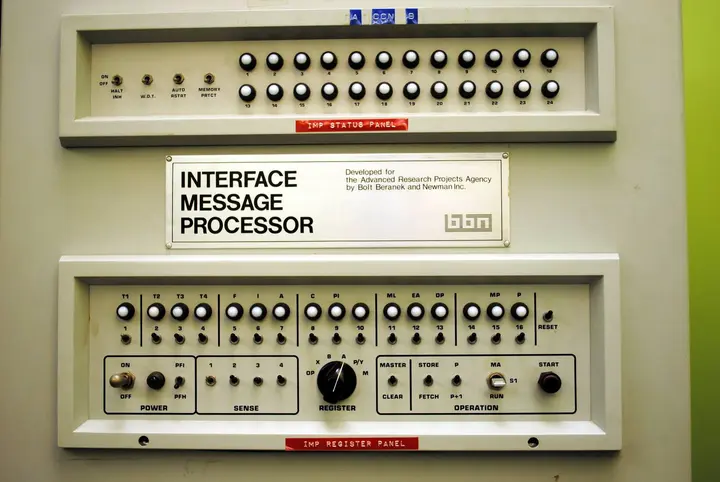 Front panel of IMP No. 1, the first node of the ARPANET, back in room 3420 of UCLA’s Boelter Hall