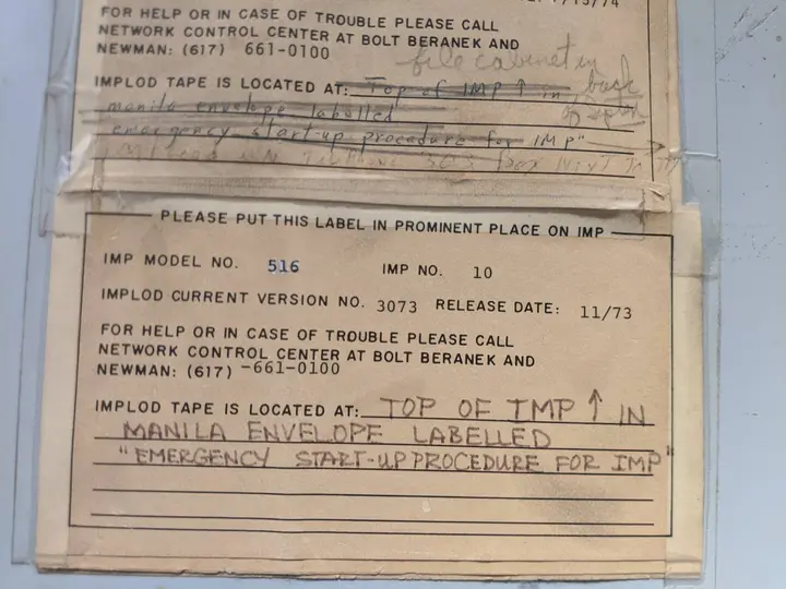 Service label on an IMP at the Computer History Museum: model 516, IMP No. 10, with the phone number of BBN’s Network Control Center