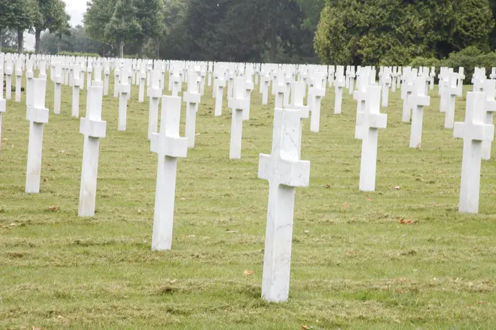 White marble crosses mark the 2,289 graves of Aisne-Marne American Cemetery, at the foot of Belleau Wood