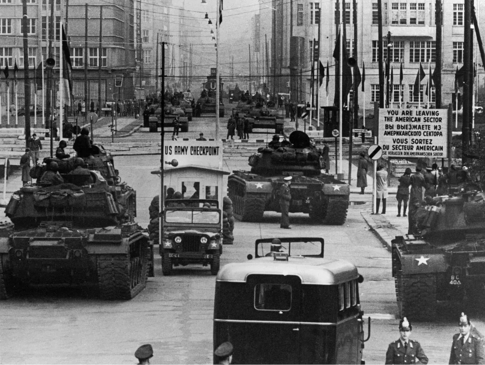 U.S. Army M48 tanks hold the line at Checkpoint Charlie during the standoff with Soviet armor, October 1961