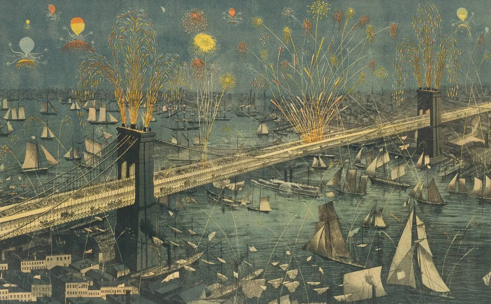 Bird’s-eye view of the opening-night fireworks over the New York and Brooklyn Bridge, 24 May 1883.
