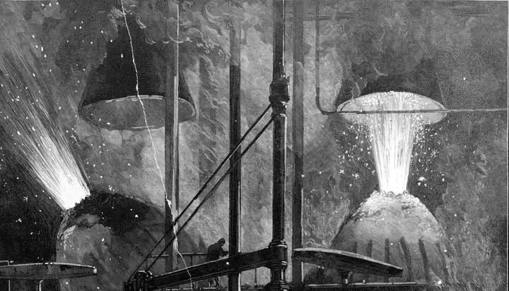 Bessemer converters blow at a Pittsburgh steel works, drawn by Charles Graham for Harper’s Weekly, 10 April 1886.