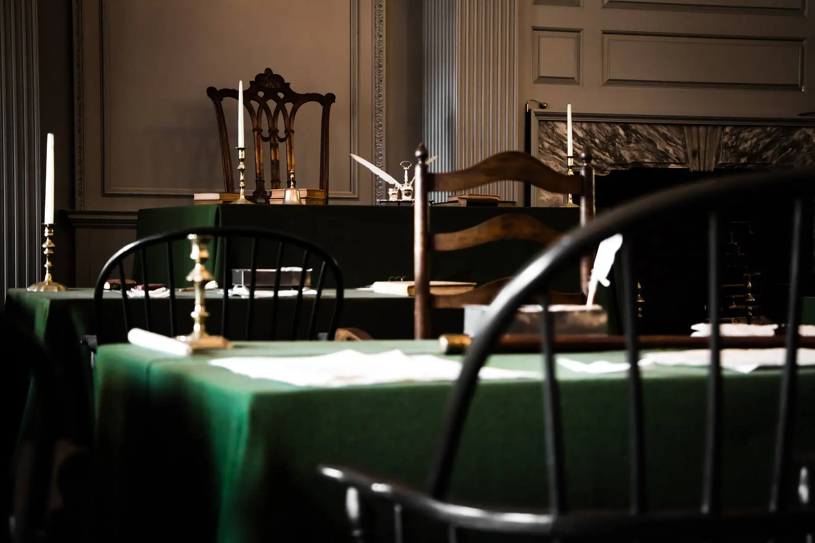 The Assembly Room of Independence Hall, with the President's chair on the dais where Washington presided.