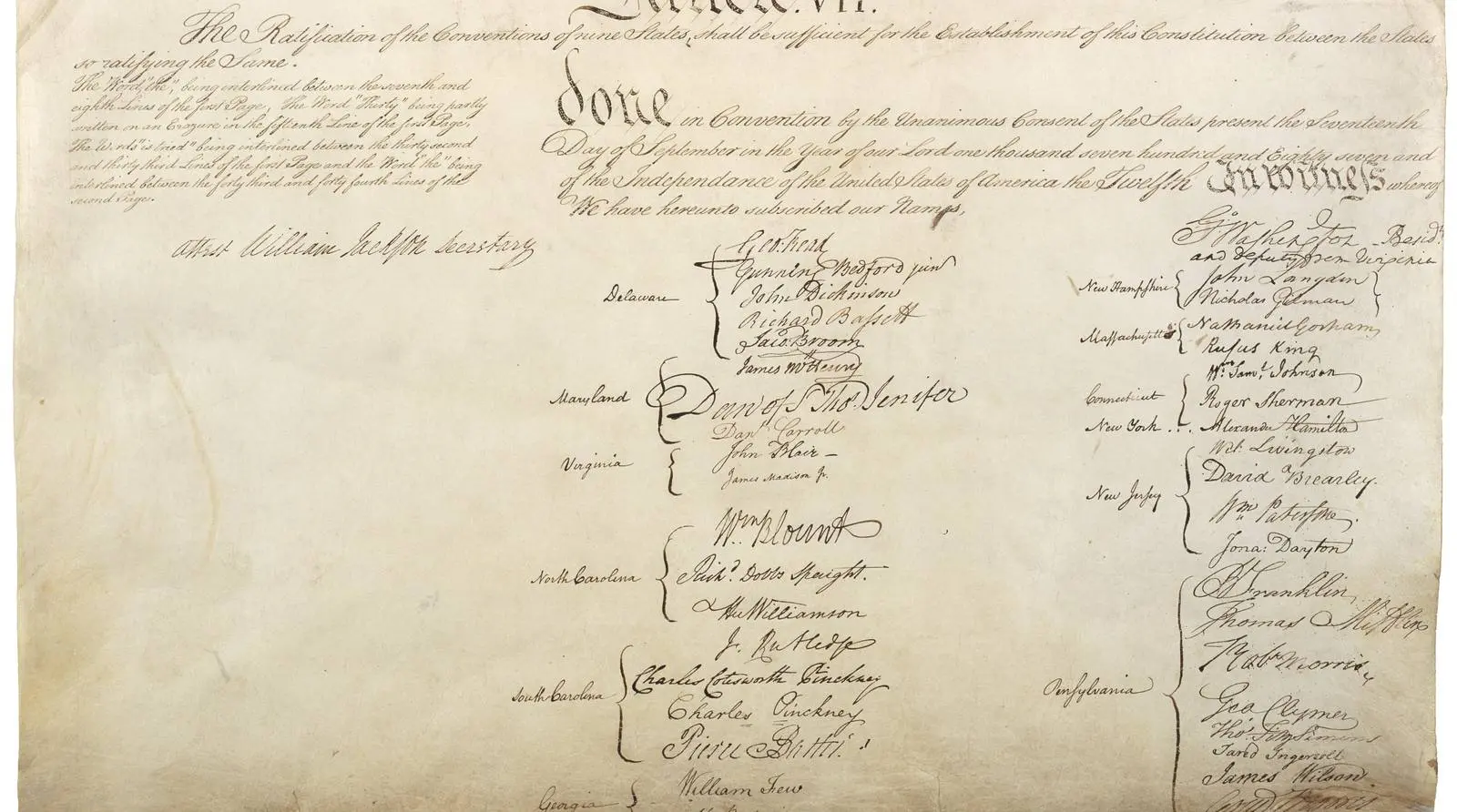 The signatures on the last page of the Constitution, grouped by state.