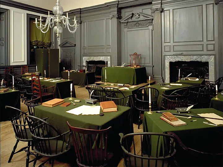 The Assembly Room of Independence Hall, where the Continental Congress voted for independence on July 2 and adopted the Declaration on July 4, 1776.
