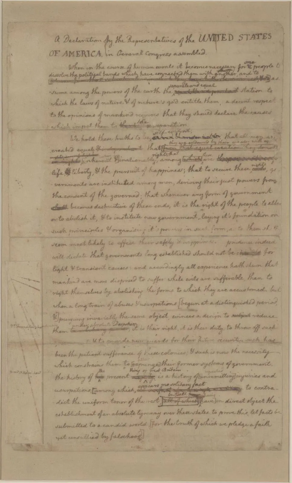 Jefferson's "original Rough draught," June 1776, with edits by Adams, Franklin and Congress layered over his own hand.