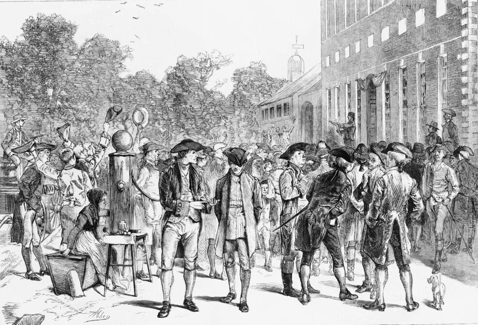 Col. John Nixon reads the Declaration to the crowd in the State House Yard, Philadelphia, July 8, 1776 (Edwin Austin Abbey, Harper's Weekly, 1876).