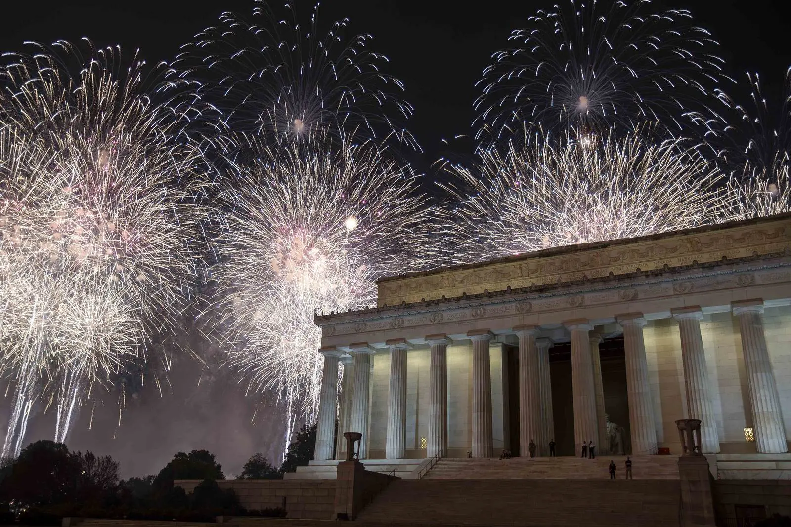 Fireworks burst over the Lincoln Memorial on July 4, 2026, the Declaration's 250th birthday.