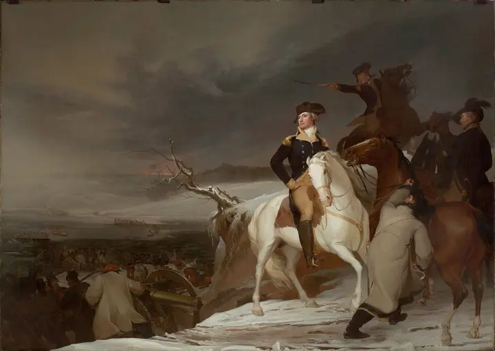 The Passage of the Delaware (Thomas Sully, 1819): Washington on the Pennsylvania bank as his army loads into the boats.