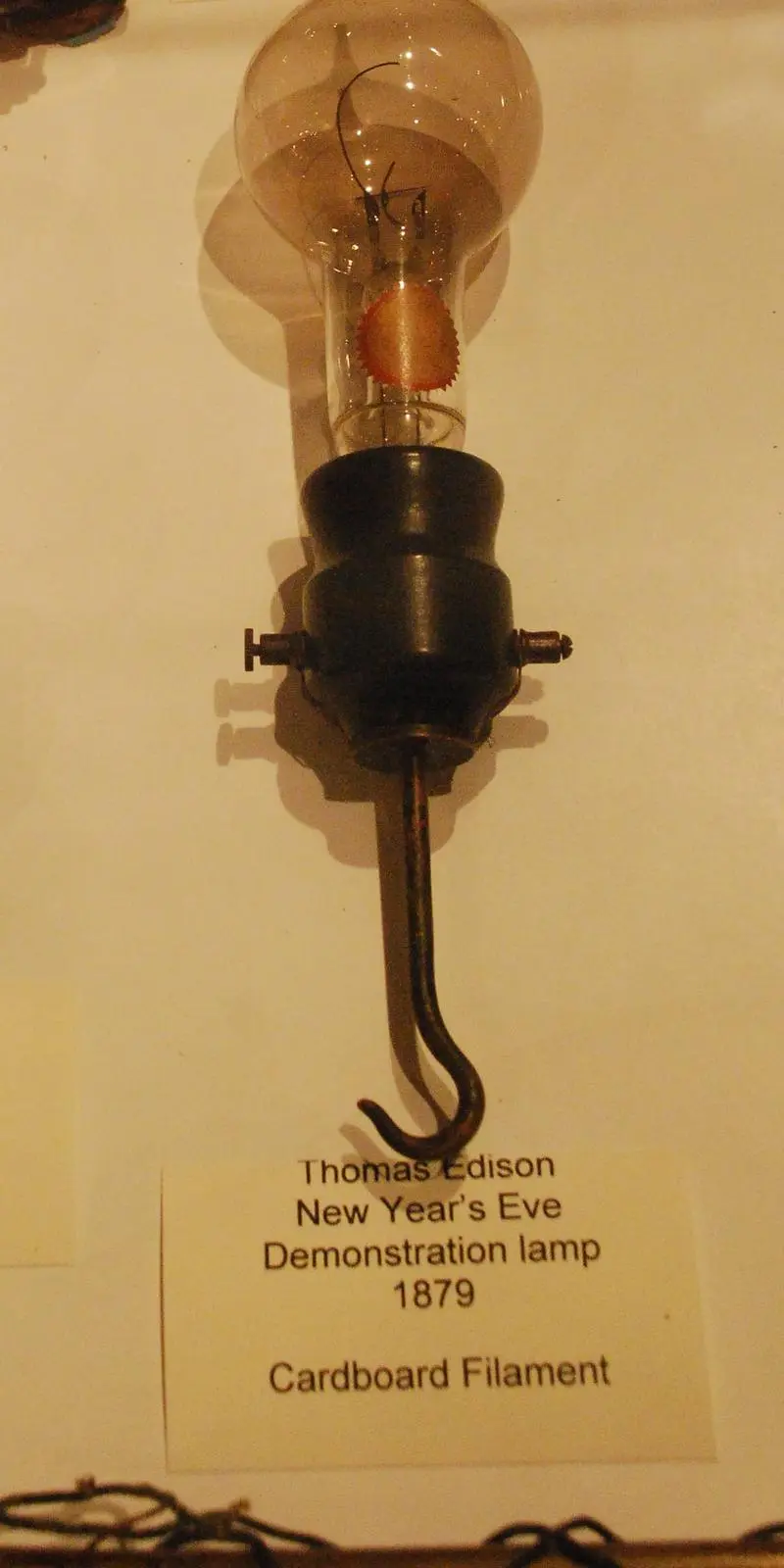 A lamp from the New Year’s Eve 1879 demonstration at Menlo Park, with a filament of carbonized cardboard