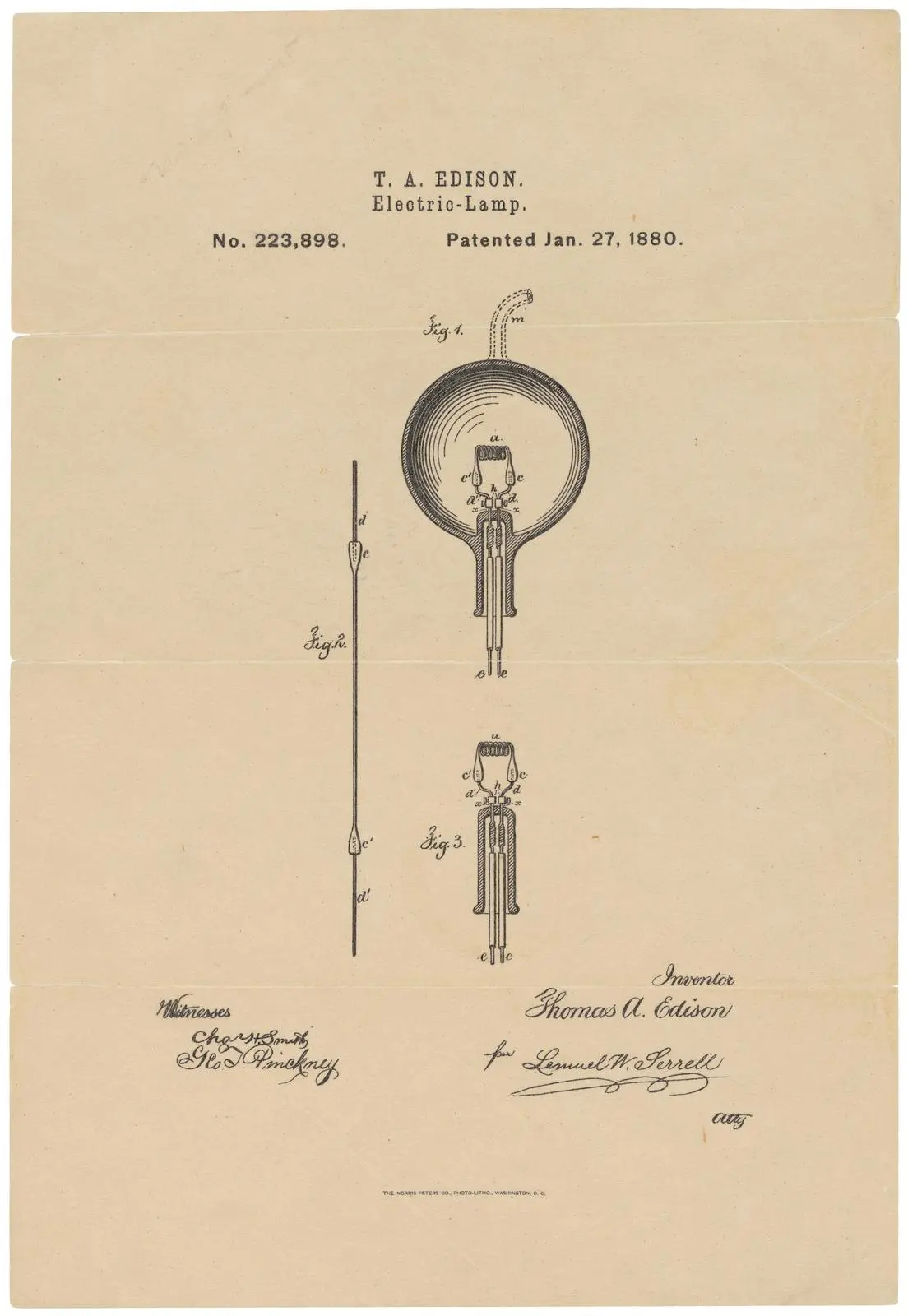 Edison’s patent drawing for the electric lamp, U.S. Patent 223,898, granted 27 January 1880