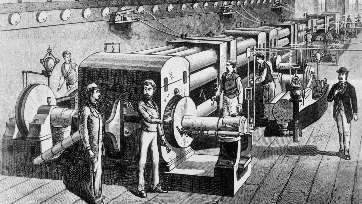 The dynamo room at Pearl Street: Jumbo dynamos coupled straight to their steam engines, from an 1880s engraving