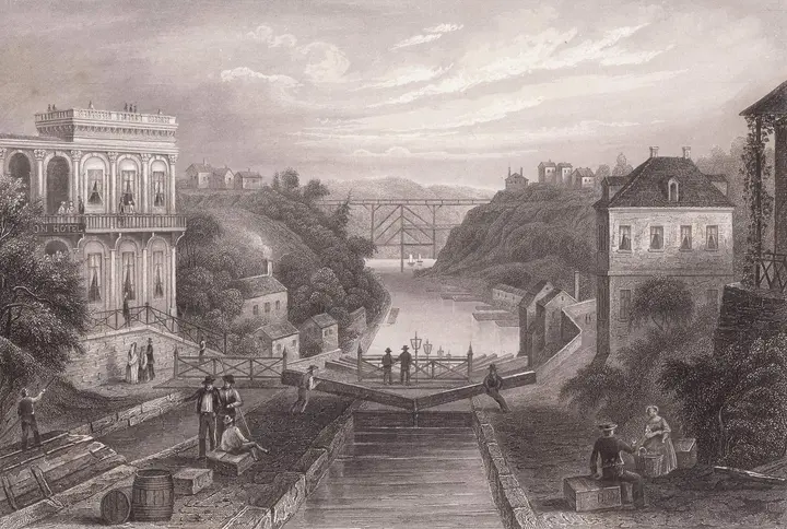 The locks at Lockport, where the canal climbs the Niagara Escarpment, in a lithograph published about 1855