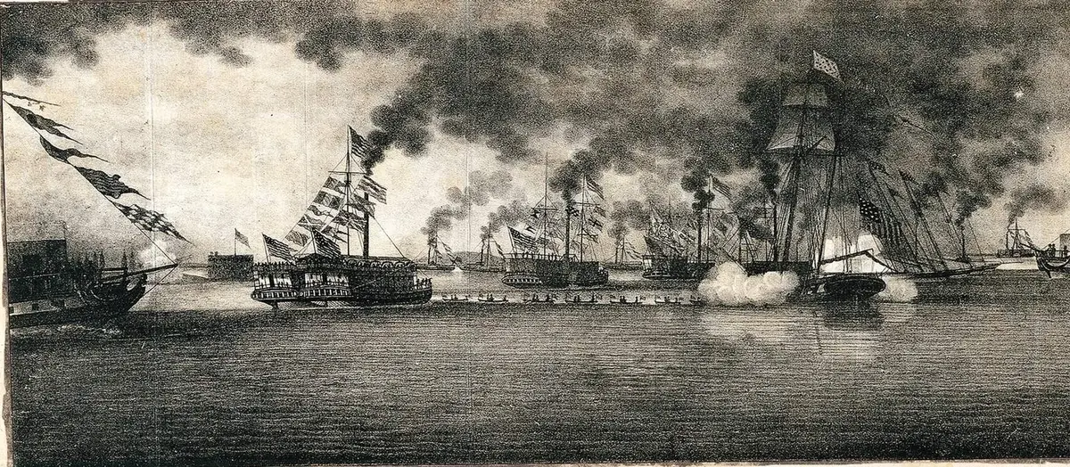 Grand Canal Celebration: the fleet forms in line in New York Harbor to escort the canal boats to the sea, 4 November 1825