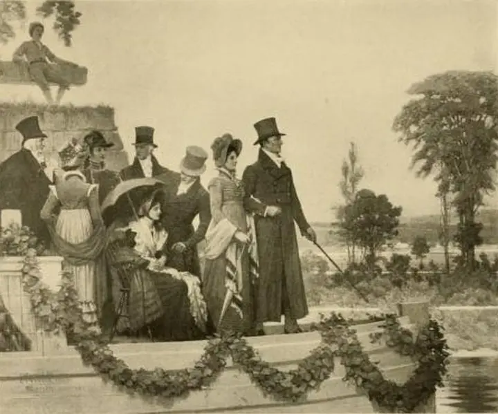 Dignitaries ride a garlanded canal boat through the Mohawk Valley at the 1825 opening, from C. Y. Turner's 1905 mural Opening of the Erie Canal