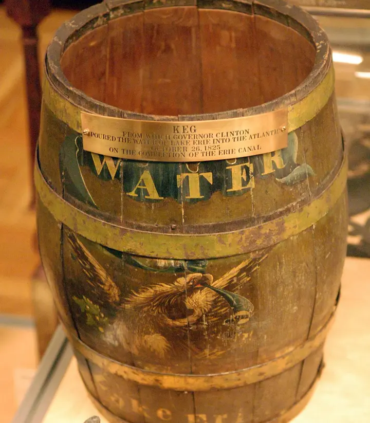 The keg from which Governor Clinton poured Lake Erie into the Atlantic in 1825, now at the New-York Historical Society