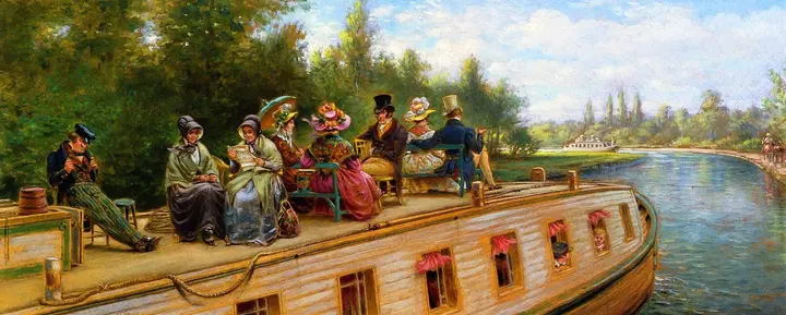 Passengers ride the deck of a canal packet boat in Edward Lamson Henry's Nearing the Bend, about 1900