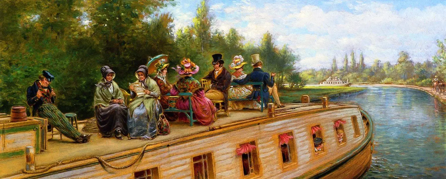 Passengers ride the deck of a canal packet boat in Edward Lamson Henry's Nearing the Bend, about 1900