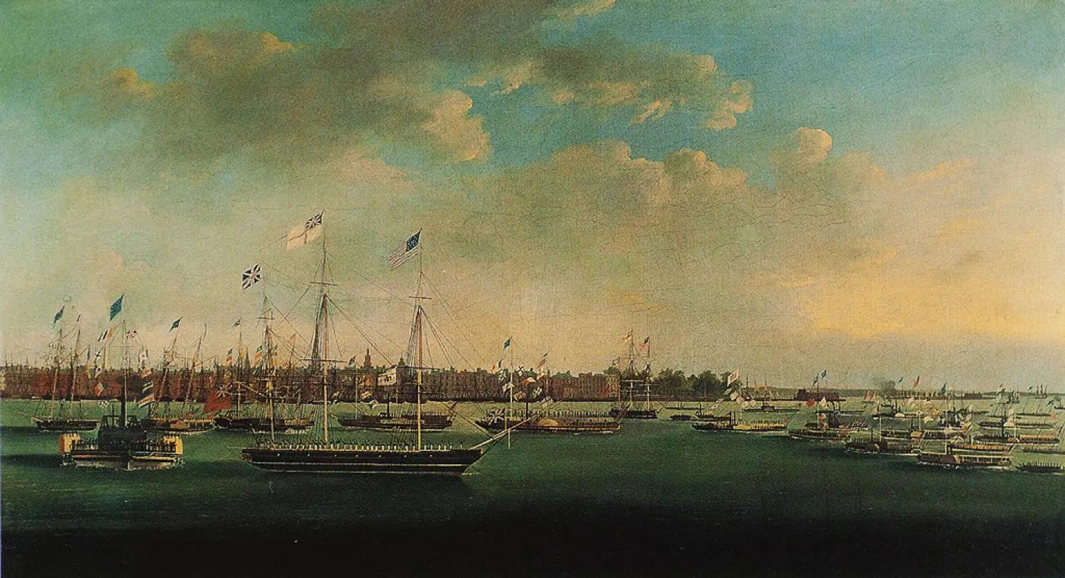 The fleet gathers in New York Harbor for the Grand Canal Celebration, 4 November 1825, painted by Anthony Imbert