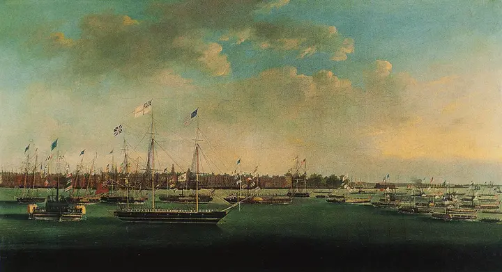 The fleet gathers in New York Harbor for the Grand Canal Celebration, 4 November 1825, painted by Anthony Imbert