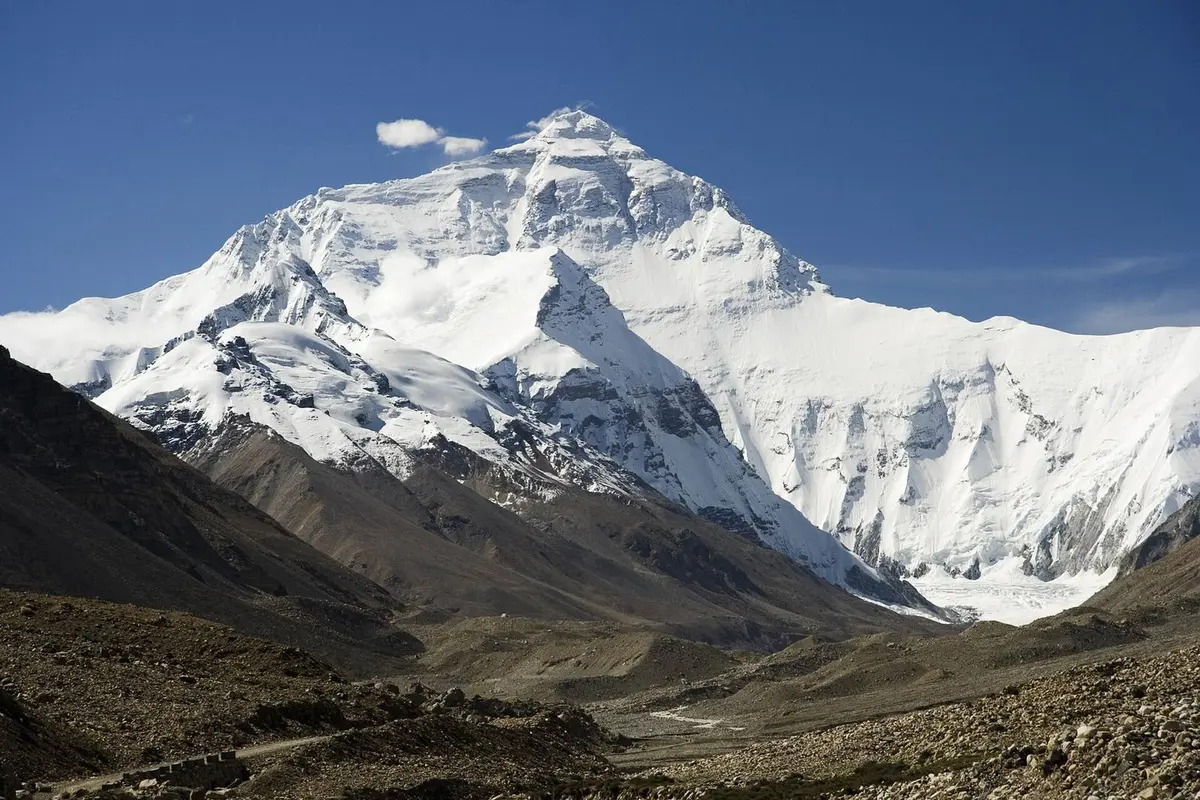Everest’s North Face from the Rongbuk Valley in Tibet. Hornbein and Unsoeld climbed the steep couloir high on this face, now named for Hornbein.