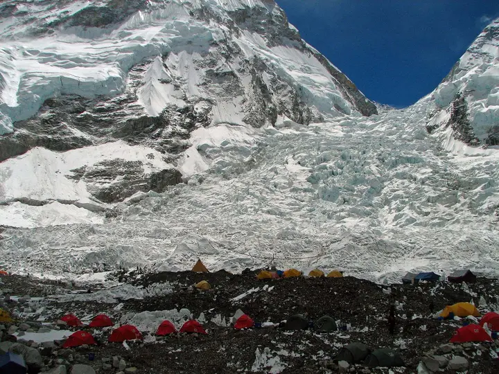 Base Camp below the Khumbu Icefall, the first great obstacle on the route. Jake Breitenbach was killed in the Icefall on 23 March 1963.