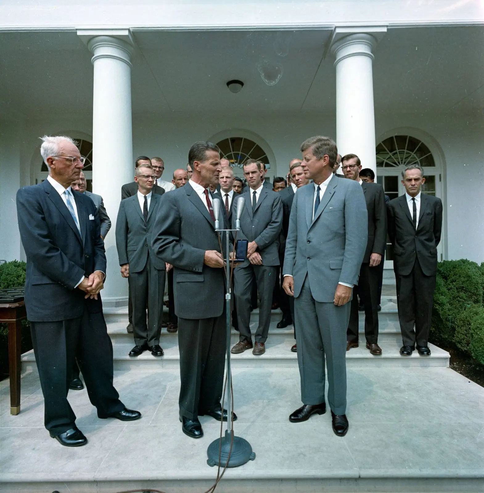 Norman Dyhrenfurth speaks in the Rose Garden as President Kennedy presents the Hubbard Medal to the expedition, 8 July 1963.