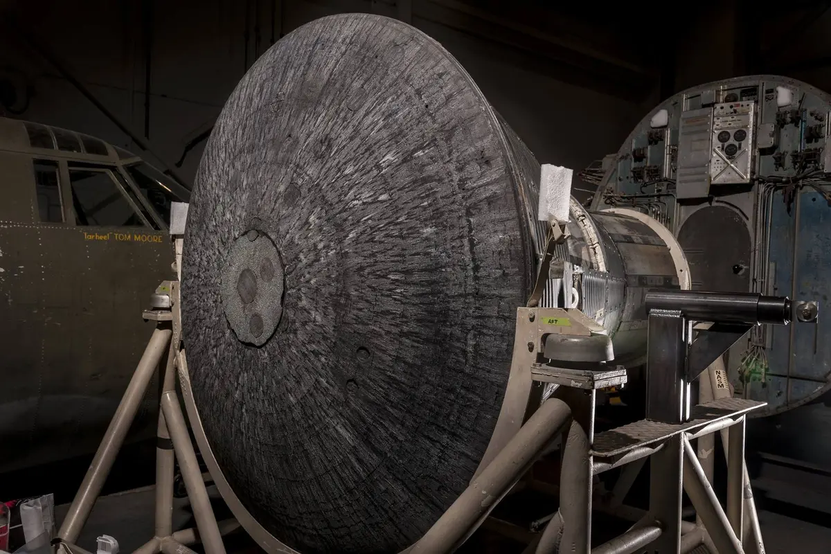 The heat shield of Friendship 7, the one a faulty switch said was loose, after conservation at the National Air and Space Museum, 2016