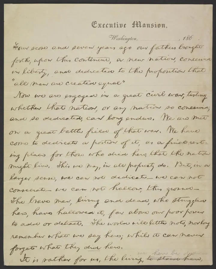The first page of the Nicolay copy, the earliest known draft of the Address, written on Executive Mansion stationery.