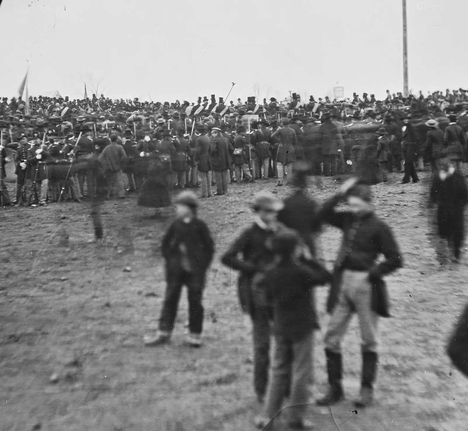 The crowd gathers at the new cemetery on 19 November 1863, in a glass-plate negative from the Brady collection at the National Archives.