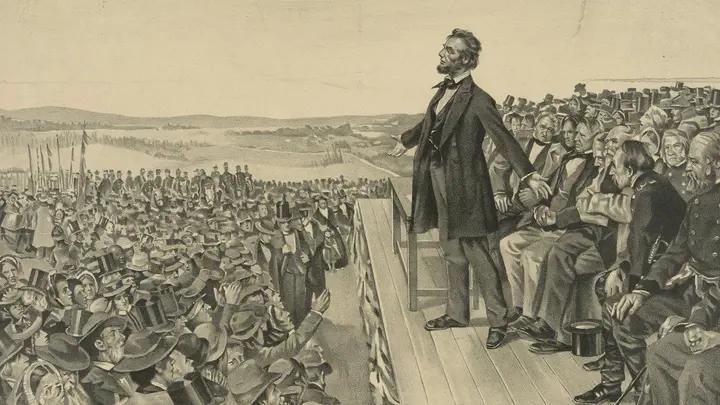 Lincoln speaks at the dedication of the Soldiers' National Cemetery, 19 November 1863, as imagined in a Sherwood Lithograph Co. print of about 1905.