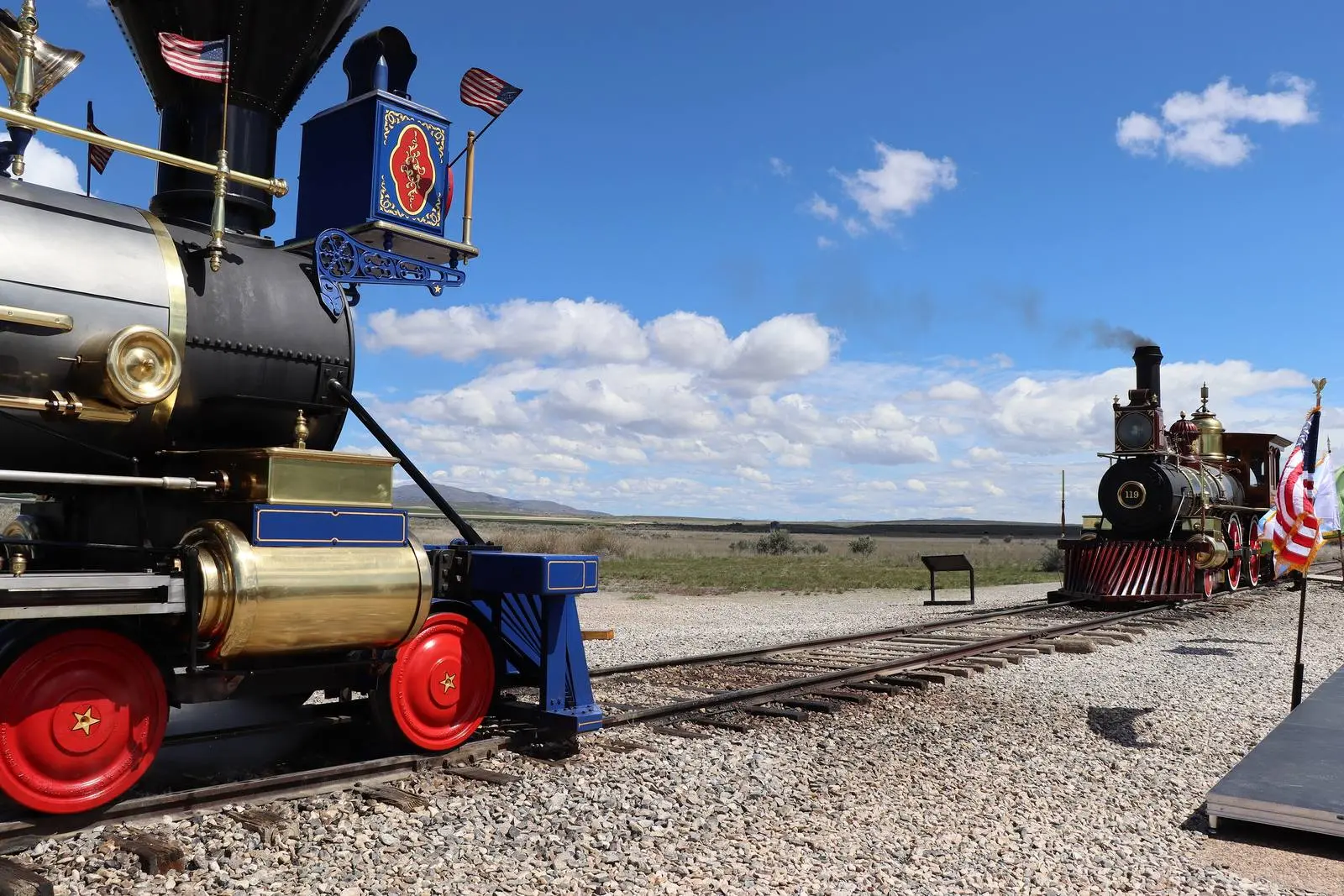 Replicas of Jupiter and Union Pacific No. 119 face each other at the last-spike site, Golden Spike National Historical Park