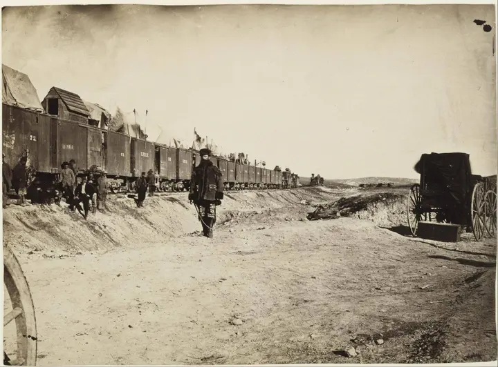 General Jack Casement and his Union Pacific track-laying train, photographed by Andrew J. Russell, 1867–68