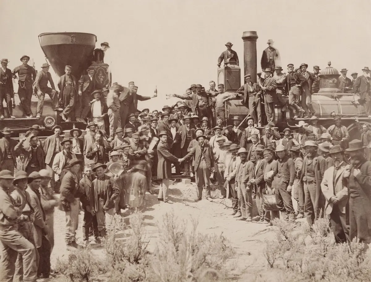 East and West Shaking Hands at Laying Last Rail, Promontory Summit, May 10, 1869