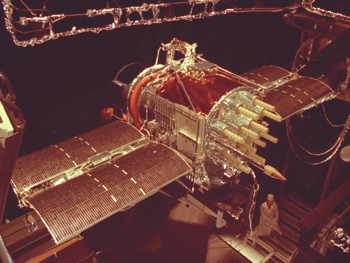 A full-scale GPS satellite in the Mark I space chamber at Arnold Engineering Development Center, Tennessee, in 1977, a year before the first launch.
