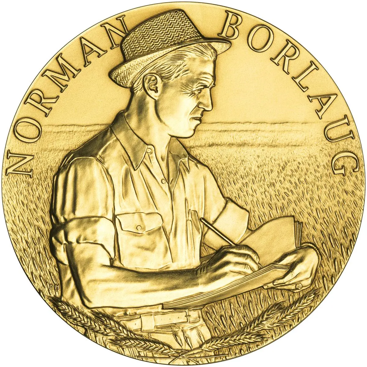 The Congressional Gold Medal awarded to Borlaug in 2007 shows him at work in a wheat field.