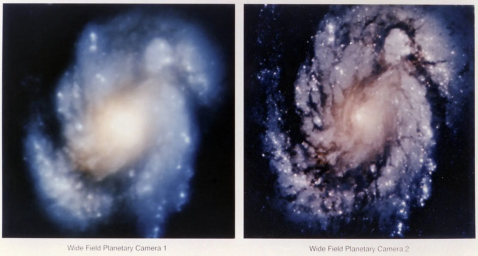 The proof, released 13 January 1994: the core of galaxy M100 through Hubble’s original camera (left) and through the new Wide Field and Planetary Camera 2 installed in orbit (right).