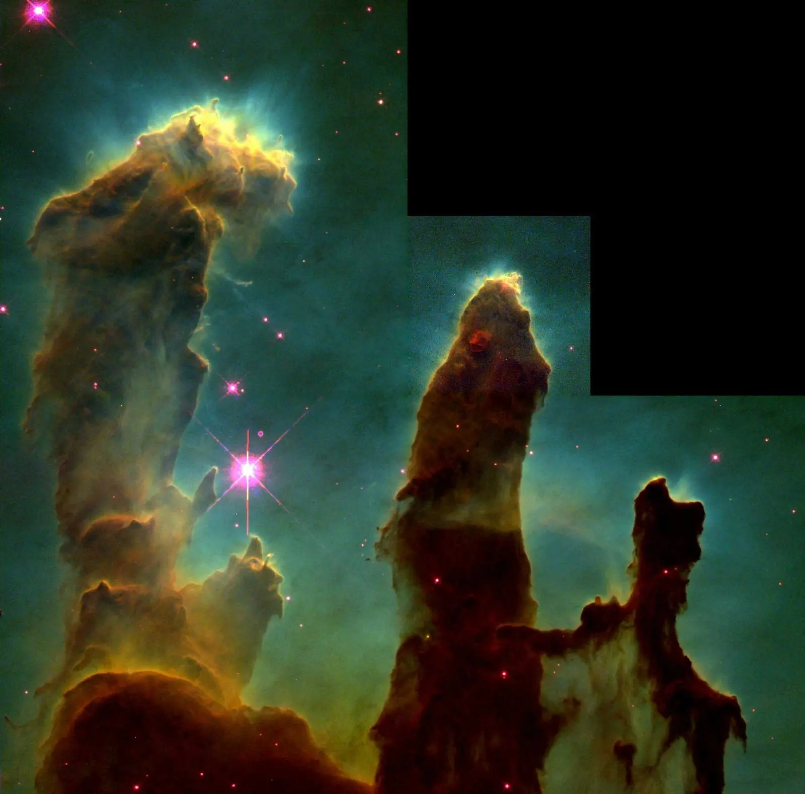 The Pillars of Creation in the Eagle Nebula, photographed by Hubble’s new camera, WFPC2, on 1 April 1995 and released that November.