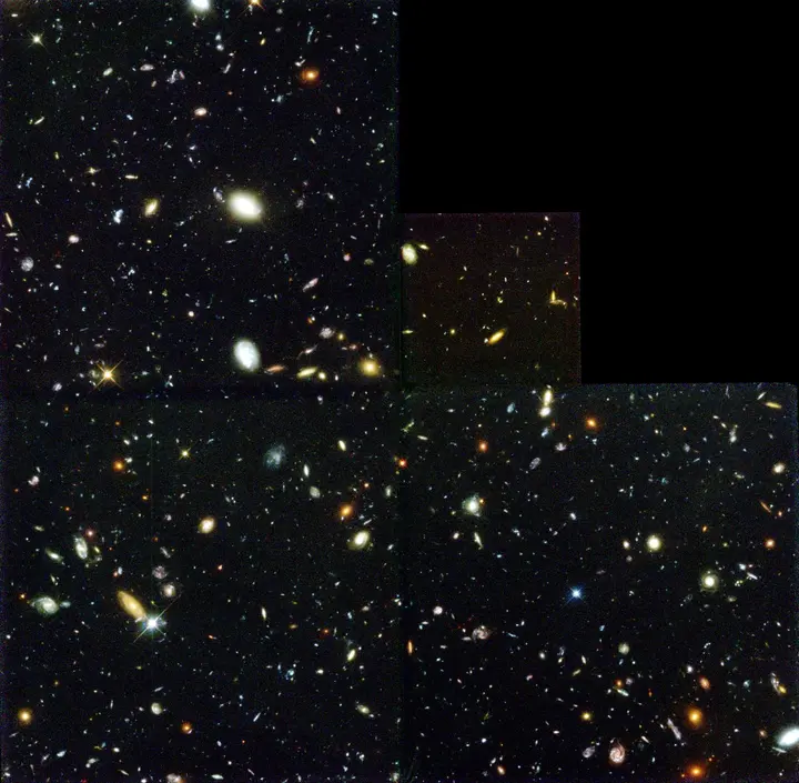 The Hubble Deep Field: nearly 3,000 galaxies in a speck of sky near the Big Dipper, built from ten days of WFPC2 exposures in December 1995.