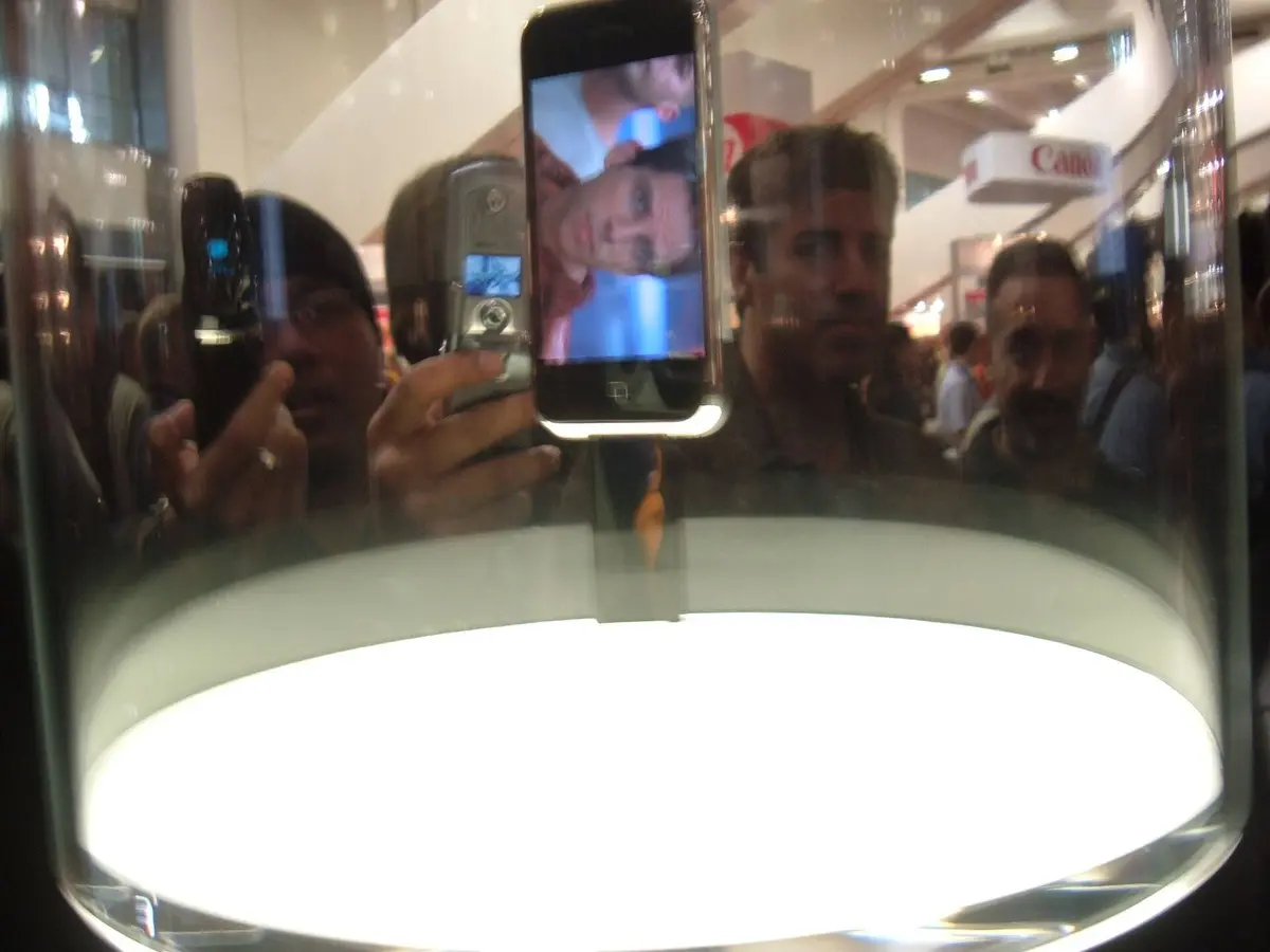 The iPhone on public display for the first time, under a glass dome at Macworld, 9 January 2007